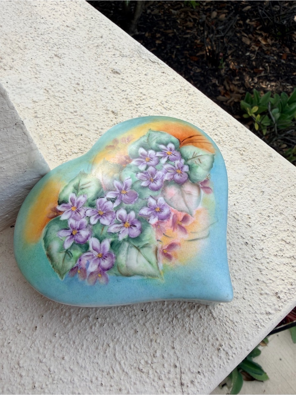 Vintage Hand Painted Porcelain Heart Trinket Box Purple Violets Floral Aqua